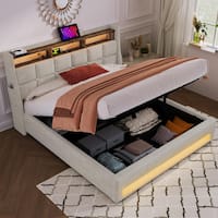 Deals on Harper & Bright Designs Wood Frame Queen Linen Platform Bed